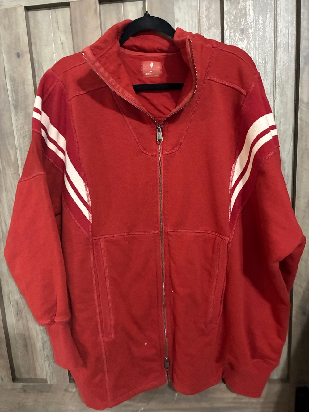 FP Movement by Free People Red Varsity Zip Jacket with White Sleeve Stripes